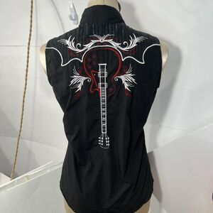 Brooks Dunn Panhandle Slim Top Womens M guitar Black embroidered Pearl Snap
